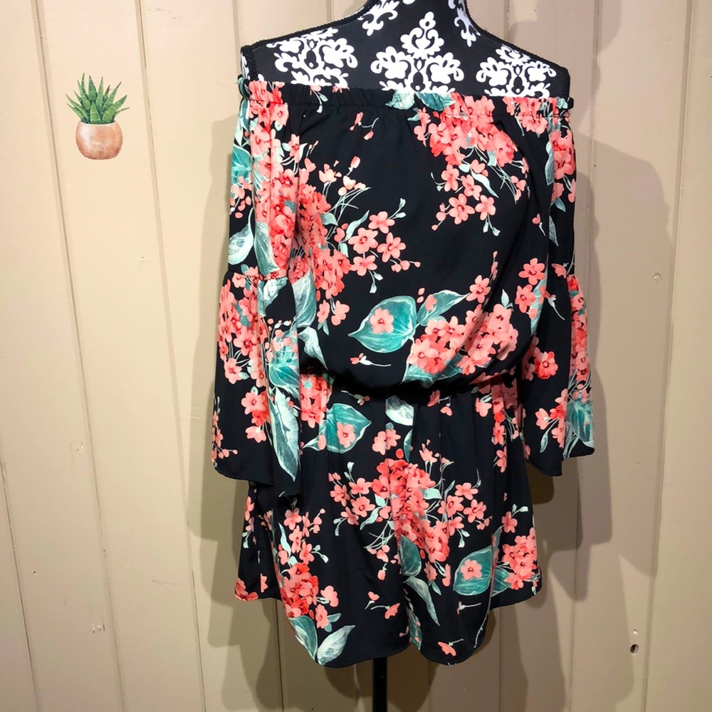 L Black pink green floral print off shoulder short romper flare 3/4 sleeves